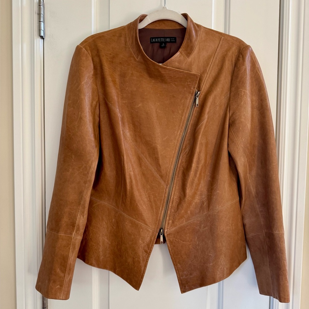 Lafayette 148 New York Tan Leather Jacket with Diagonal front zip Tan Sz 8 - Picture 2 of 8
